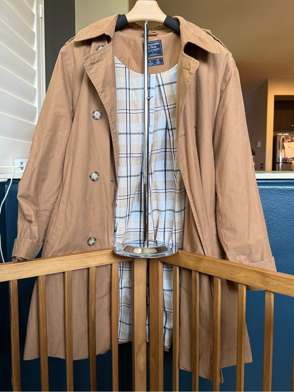Abercrombie & Fitch Tan Trench Coat with Plaid Lining